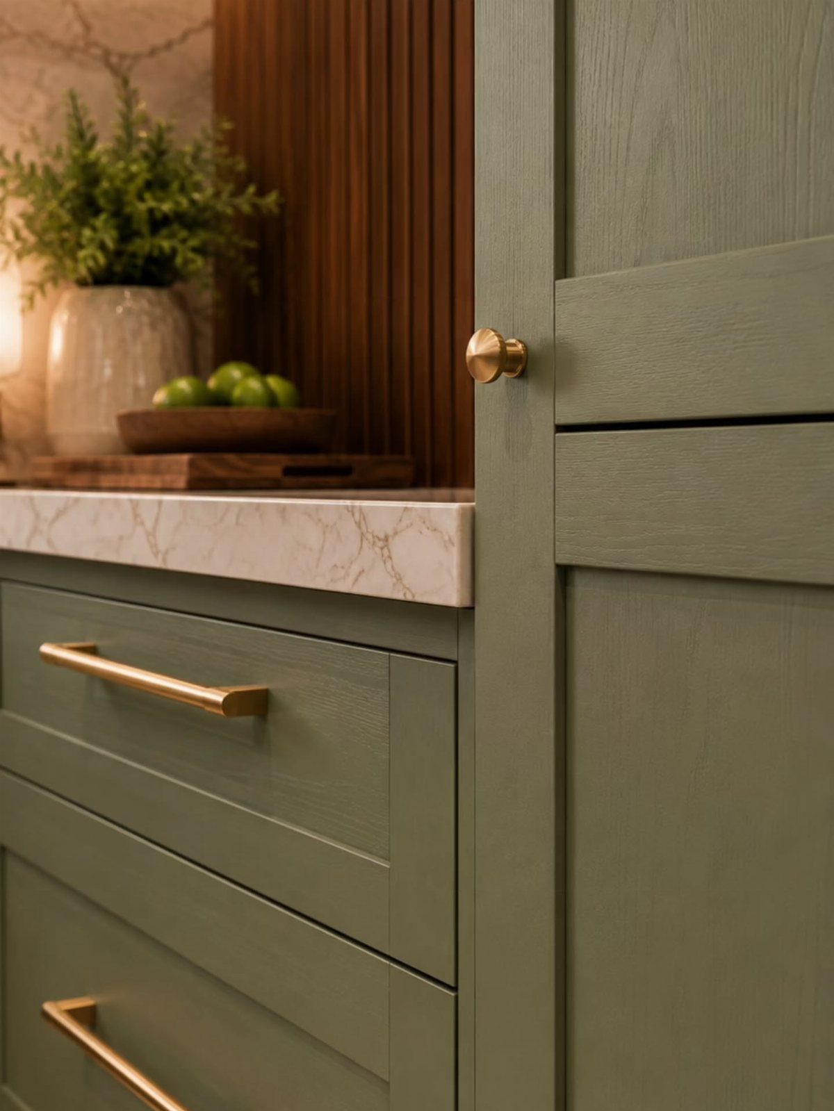 26 Sage Green Kitchen Ideas Using Wood, Brass, and Marble 9 Sage green kitchen cabinets featuring gold hardware and a white marble countertop.