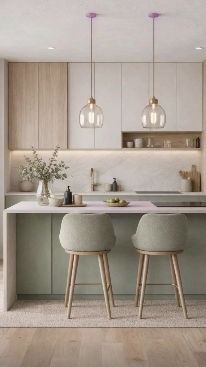 26 Sage Green Kitchen Ideas Using Wood, Brass, and Marble 12 Sage green kitchen island with matching bar stools and light wood cabinetry.