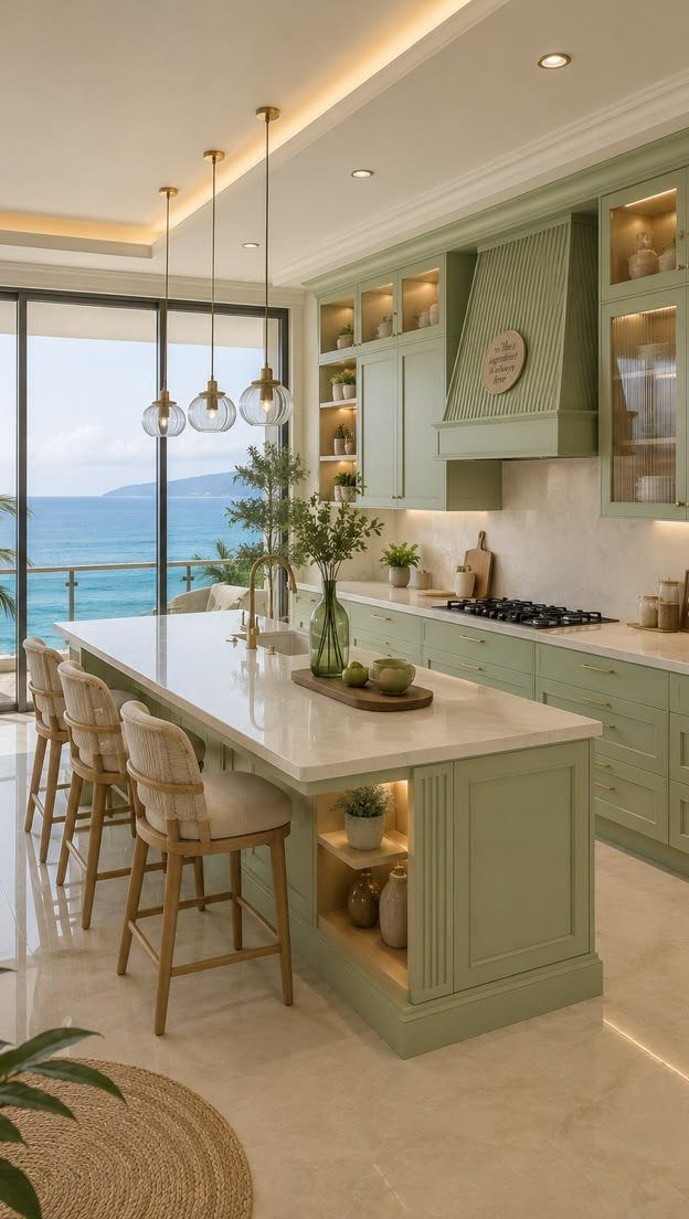 26 Sage Green Kitchen Ideas Using Wood, Brass, and Marble 2 Sage green kitchen cabinets paired with white marble countertops and a matching backsplash.