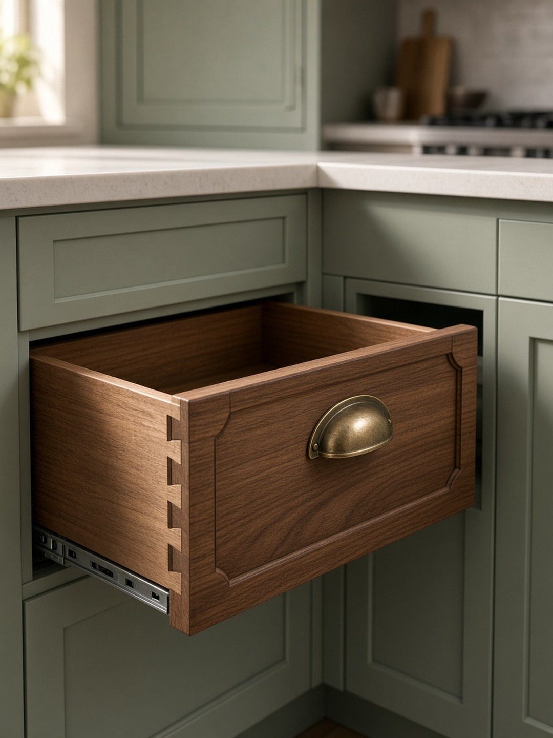 26 Sage Green Kitchen Ideas Using Wood, Brass, and Marble 7 Sage green Shaker cabinets with an open dark wood drawer and brass handle.