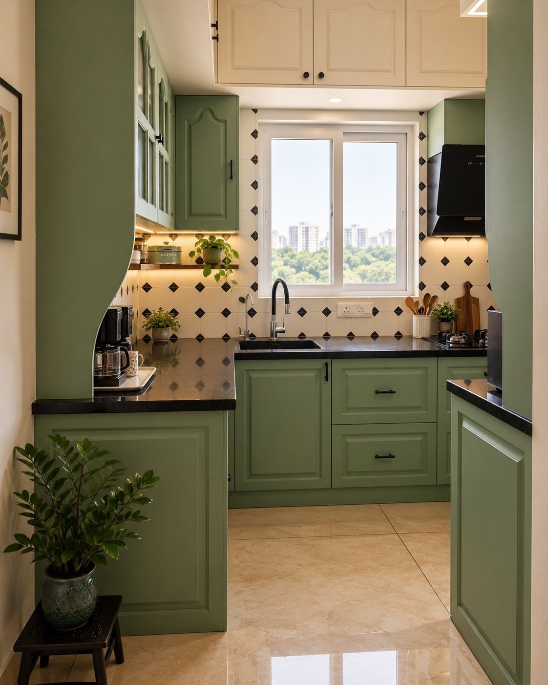 26 Sage Green Kitchen Ideas Using Wood, Brass, and Marble 21 Small kitchen with sage green cabinets, black countertops, and white diamond tile backsplash.