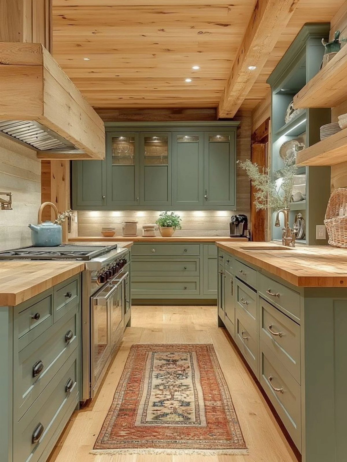 26 Sage Green Kitchen Ideas Using Wood, Brass, and Marble 22 Sage green shaker cabinets with light wood countertops and a wood-planked ceiling.