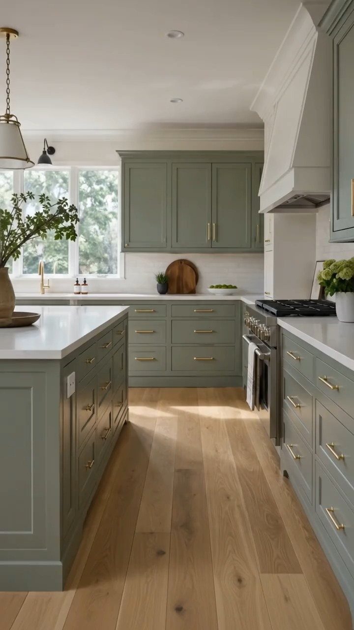 26 Sage Green Kitchen Ideas Using Wood, Brass, and Marble 5 Sage green kitchen cabinets with white countertops and light wood floors.