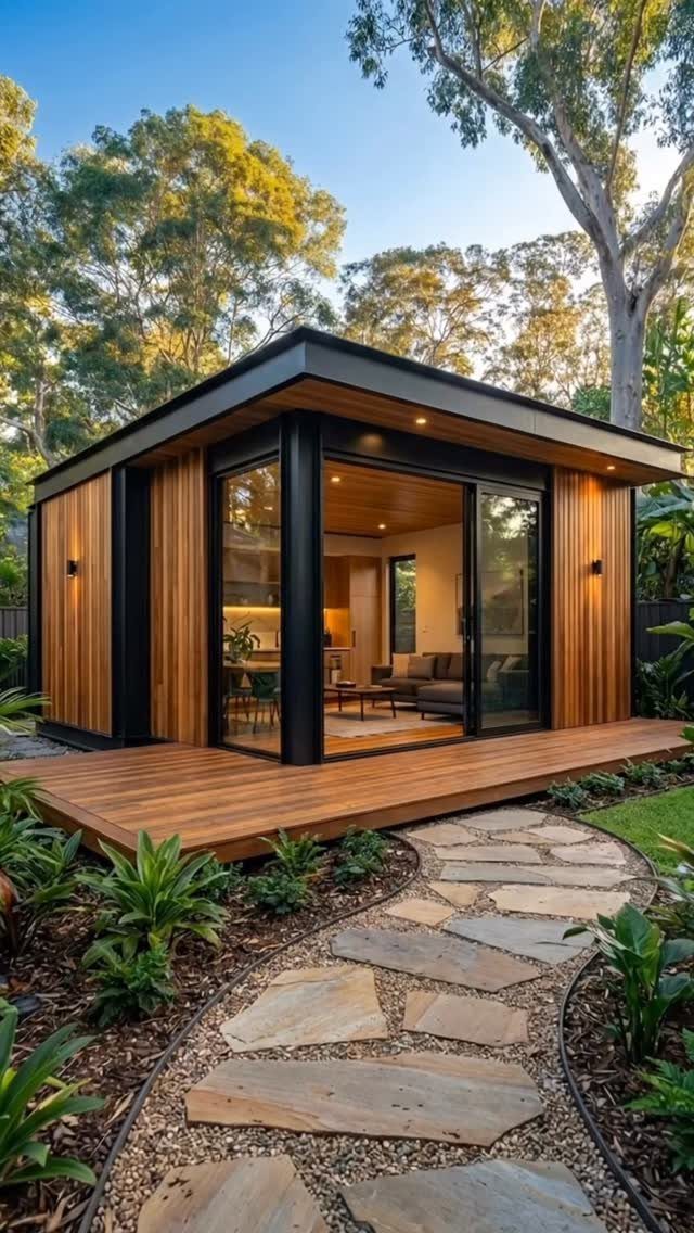 7 Shed with Porch Ideas for Storage, Studios and More 5 Modern wooden shed with a flat black roof and a wooden deck porch.