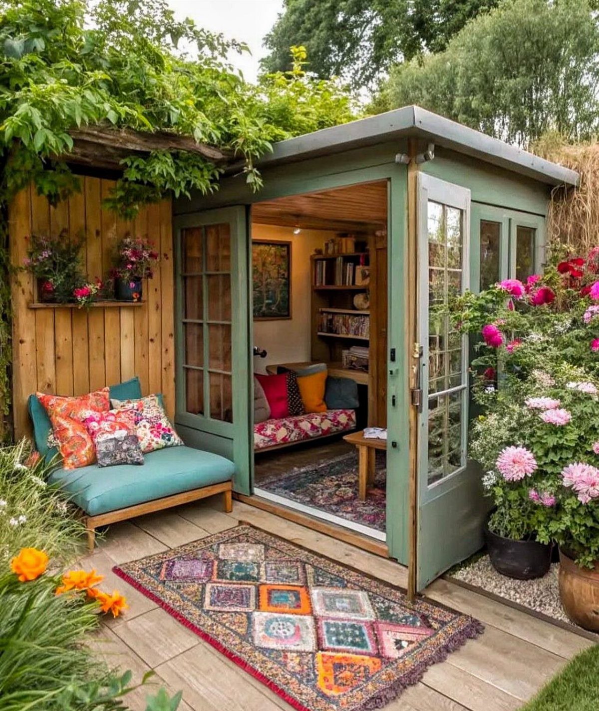 7 Shed with Porch Ideas for Storage, Studios and More 2 Sage green she shed with a cozy porch, colorful pillows, and vibrant garden flowers.