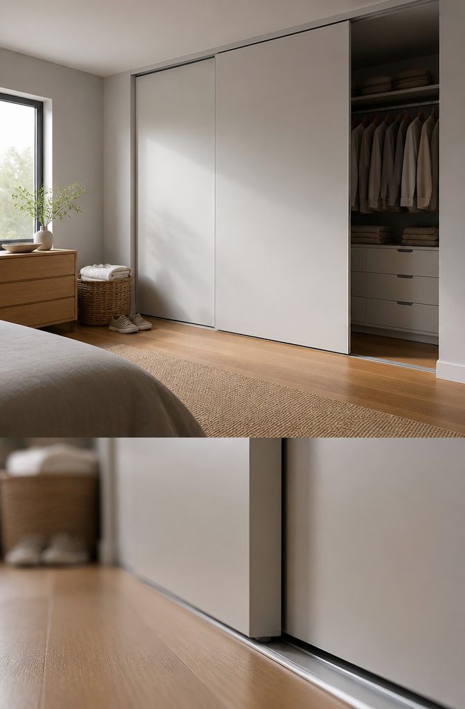 Two sliding door panels arranged on parallel tracks with one overlapping the other