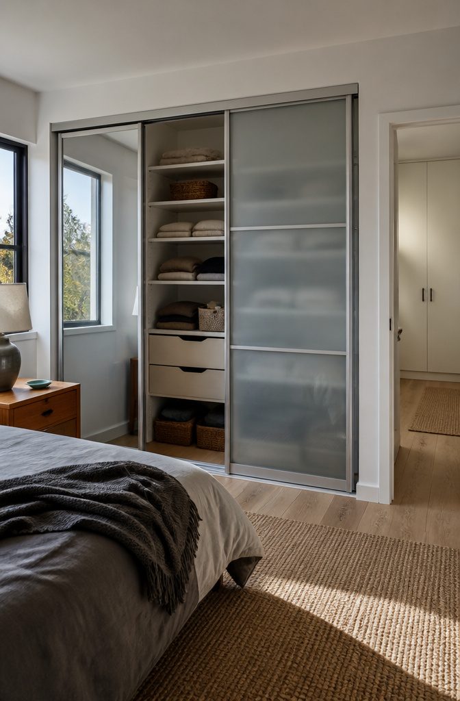 Partly open closet with aluminum frames, clear and frosted glass panels, clothes, and baskets