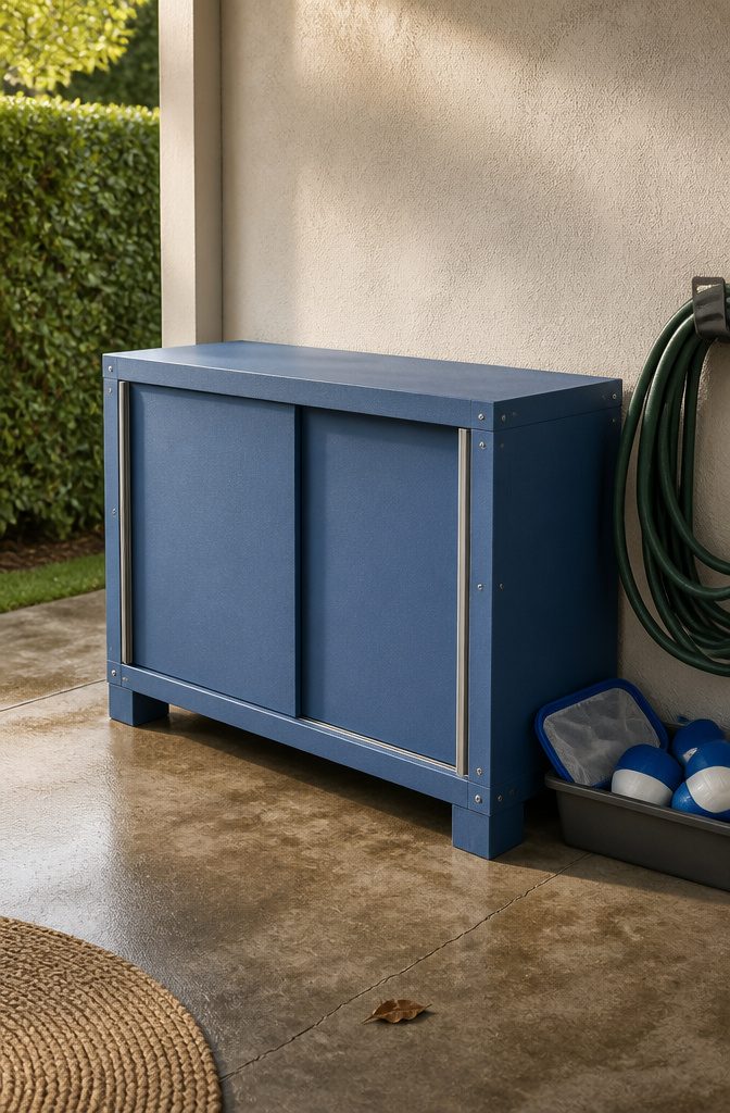 Outdoor storage cabinet with sliding doors and a clean, simple exterior