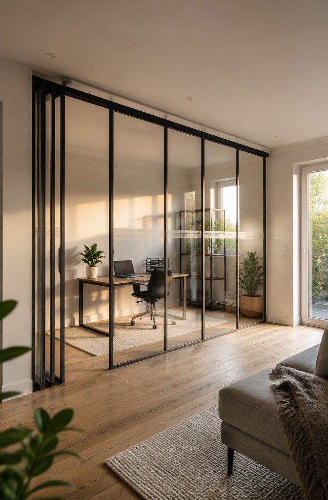 Sliding room divider suspended from overhead hardware above a clear floor