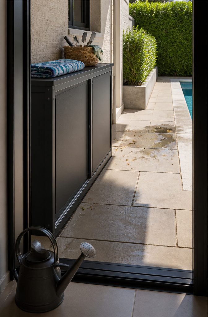 Charcoal outdoor cabinet with sliding panels beside a watering can and patio pool