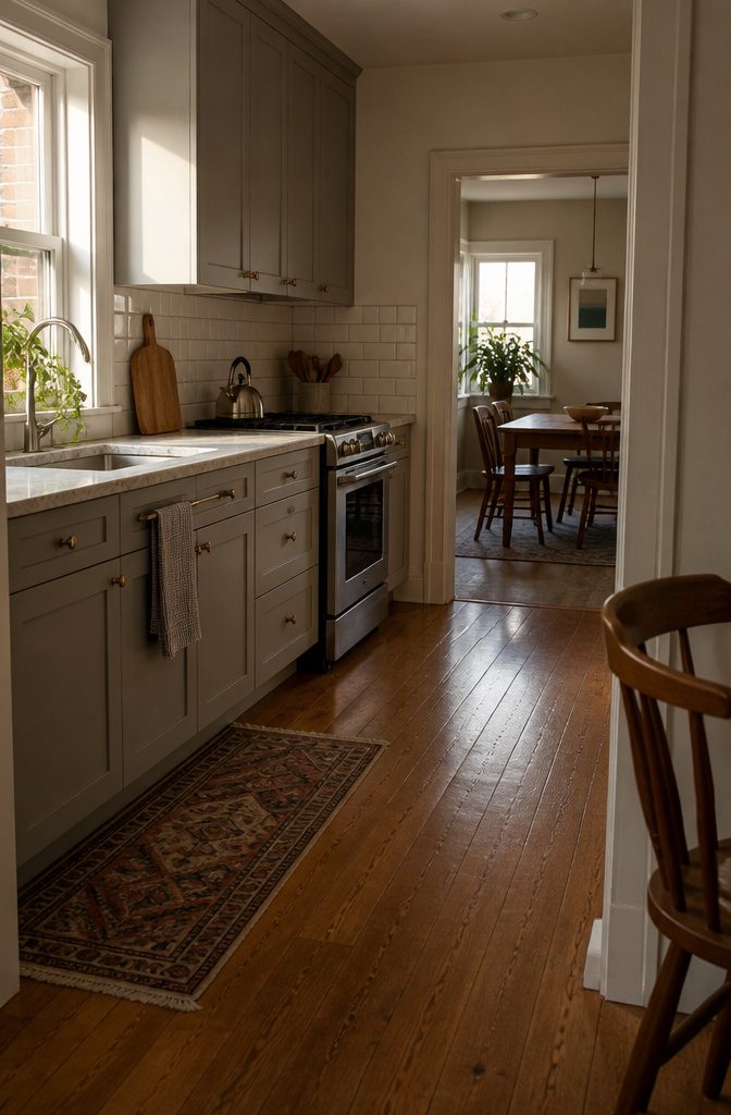 Small kitchen interior with cabinets counters and appliances