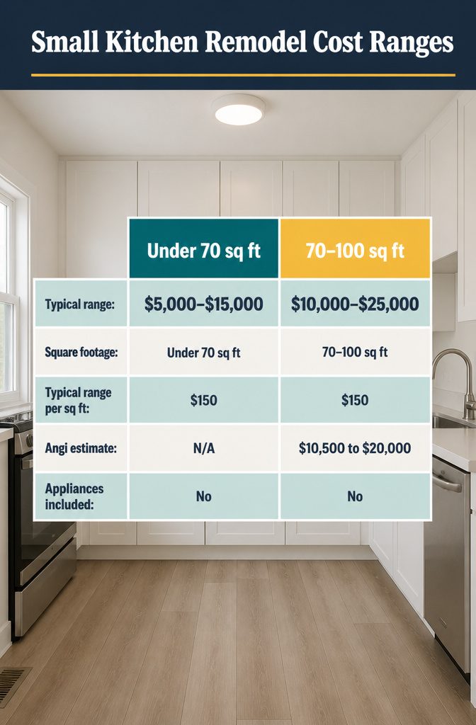 Small kitchen remodel cost chart with budget ranges for different room sizes