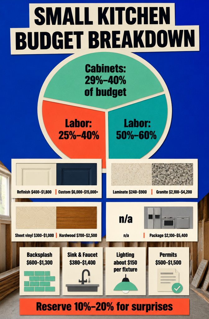 Small kitchen budget chart listing cabinets countertops flooring and appliances