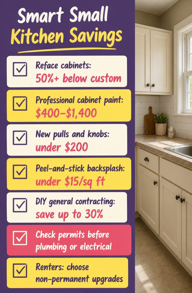 Kitchen savings graphic featuring cabinet refacing and affordable update ideas