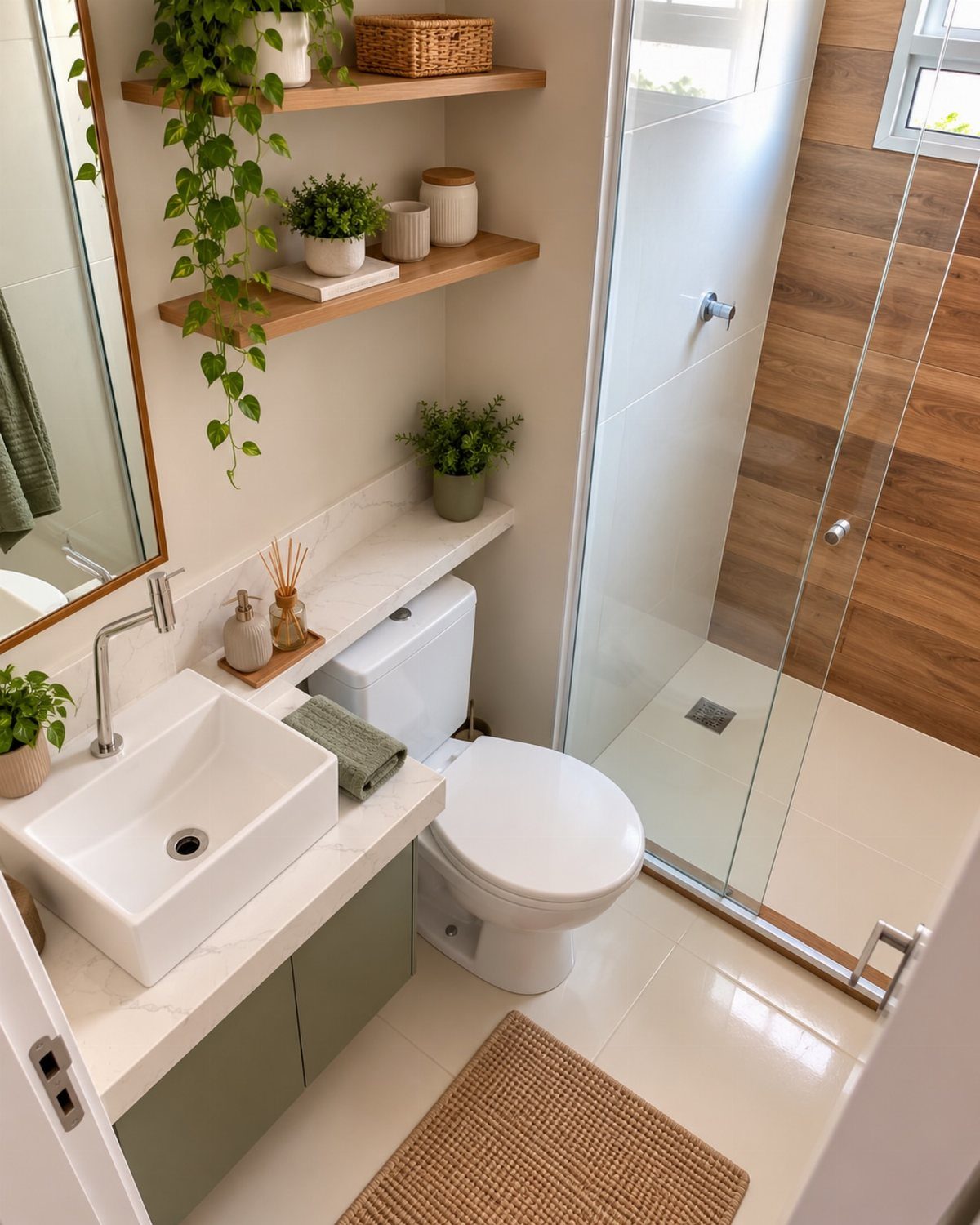 Wooden floating shelves with plants in a bright, modern small master bathroom remodel.
