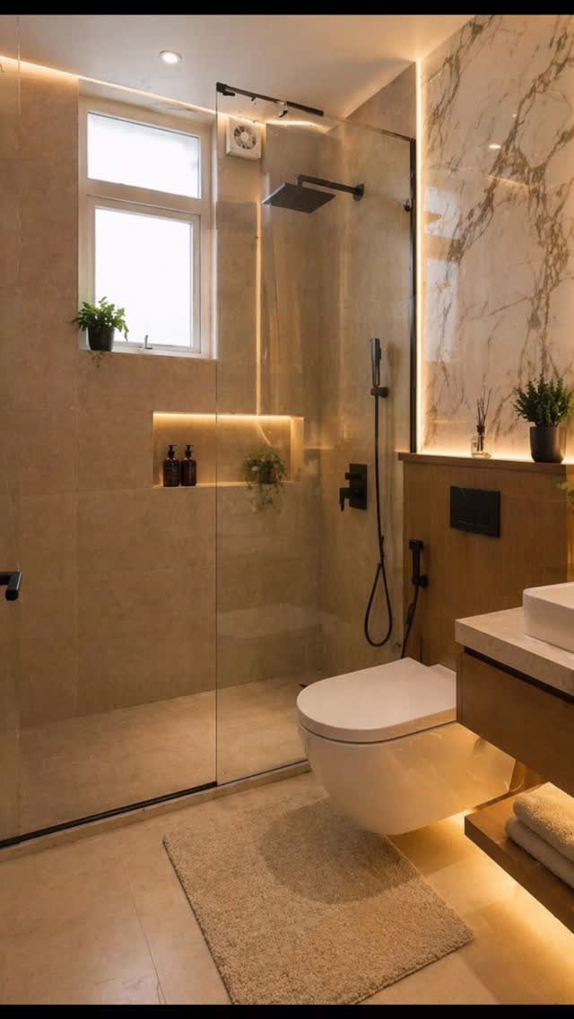 Floating wooden vanity with white vessel sink in a modern marble bathroom.