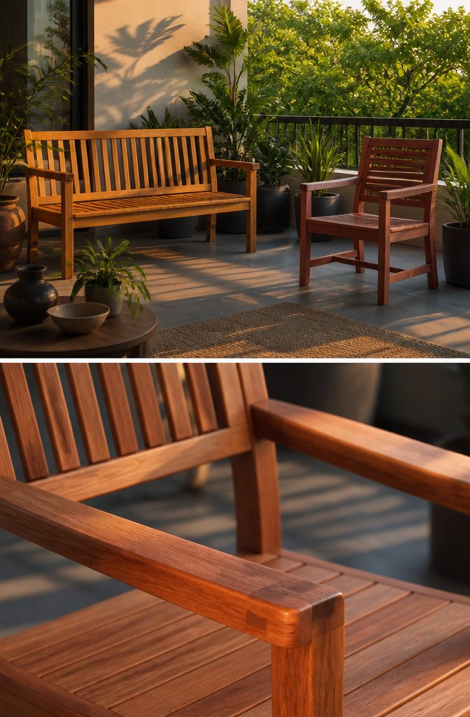 Teak and eucalyptus patio furniture showing different wood tones.