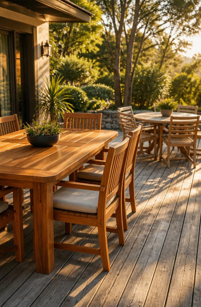 Teak dining set displayed on a sun-drenched patio.