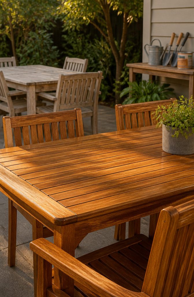 Teak and eucalyptus furniture showcasing longevity differences.