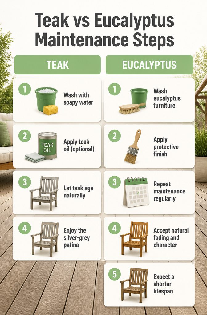 Maintenance steps for teak and eucalyptus patio furniture.