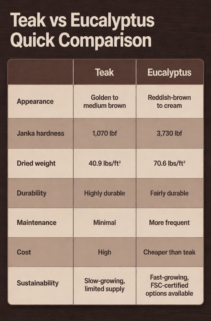 Comparison chart of teak and eucalyptus patio furniture attributes.