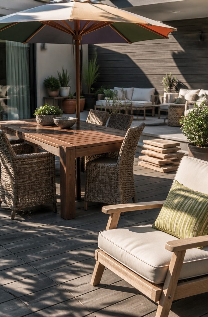 Eucalyptus dining table surrounded by outdoor cushions and decor.