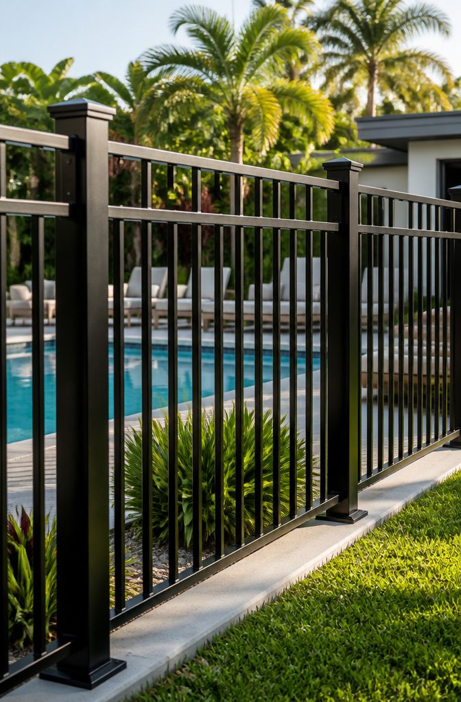 12 Types of Fences for Backyard Projects in 2026 4 Aluminum fence with decorative pickets in a garden setting.