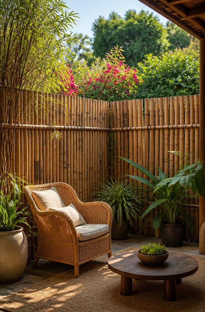 12 Types of Fences for Backyard Projects in 2026 7 Natural bamboo fence enclosing a cozy patio area.