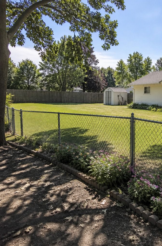 12 Types of Fences for Backyard Projects in 2026 3 Chain link fence in a backyard, emphasizing its open design.