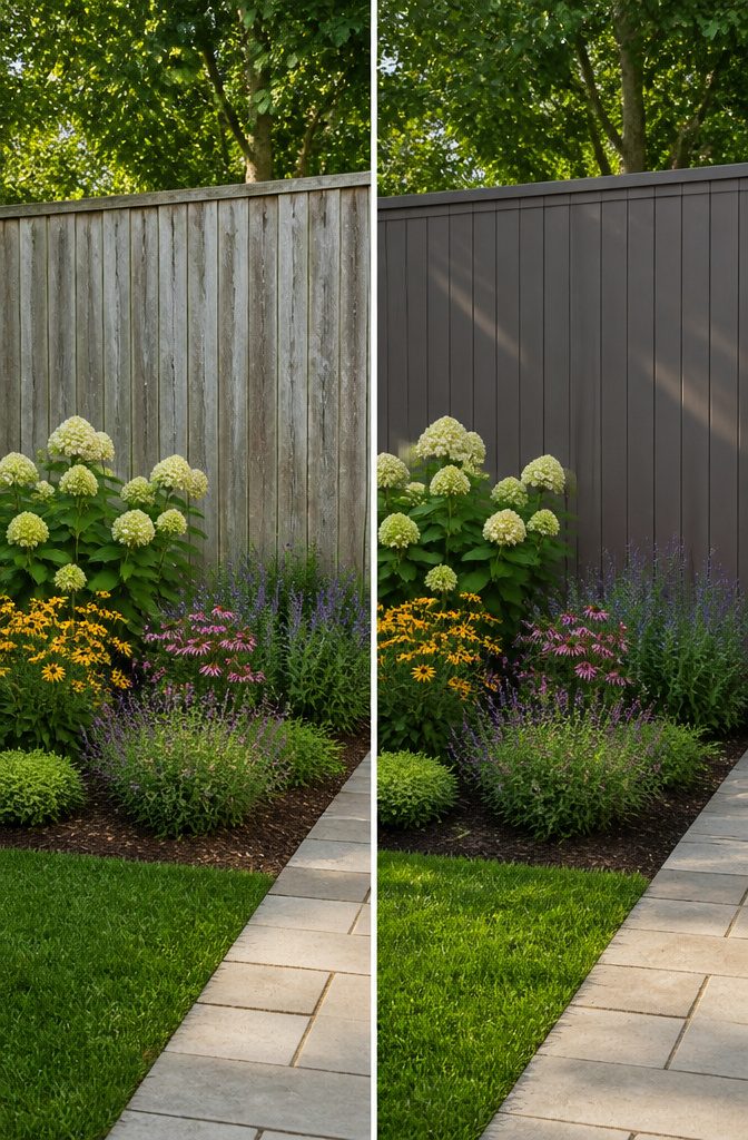 12 Types of Fences for Backyard Projects in 2026 5 Composite fence with a wood-like appearance in a backyard.