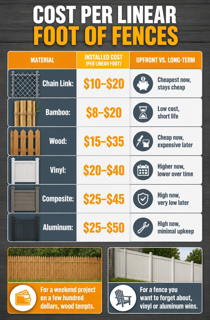 12 Types of Fences for Backyard Projects in 2026 15 Table displaying cost per linear foot of various fence types.