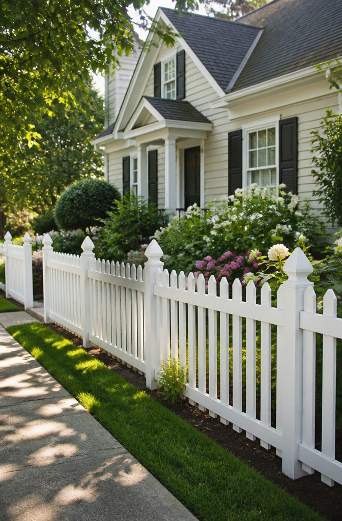 12 Types of Fences for Backyard Projects in 2026 10 White picket fence surrounding a colorful flower garden.