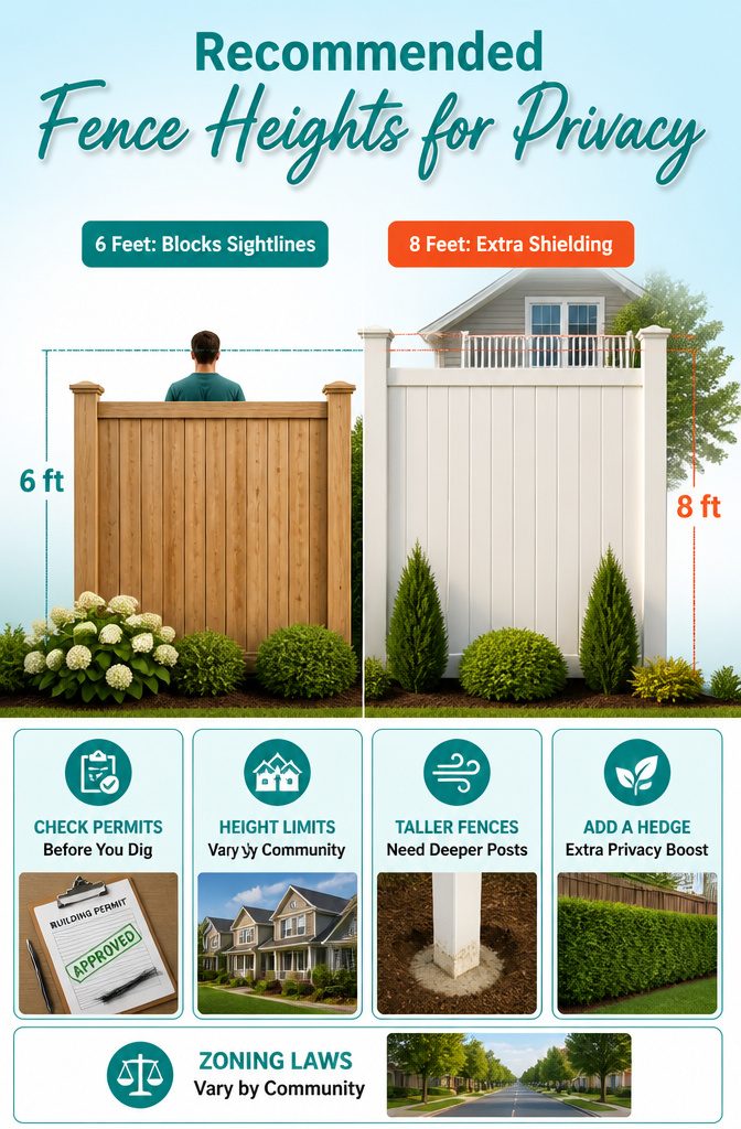 12 Types of Fences for Backyard Projects in 2026 16 Graphic showing suggested fence heights for privacy.