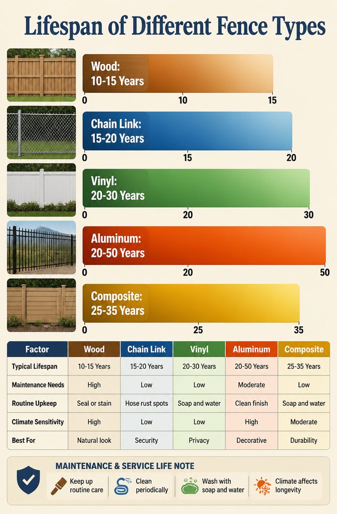 12 Types of Fences for Backyard Projects in 2026 17 Chart detailing lifespan estimates for various fence materials.