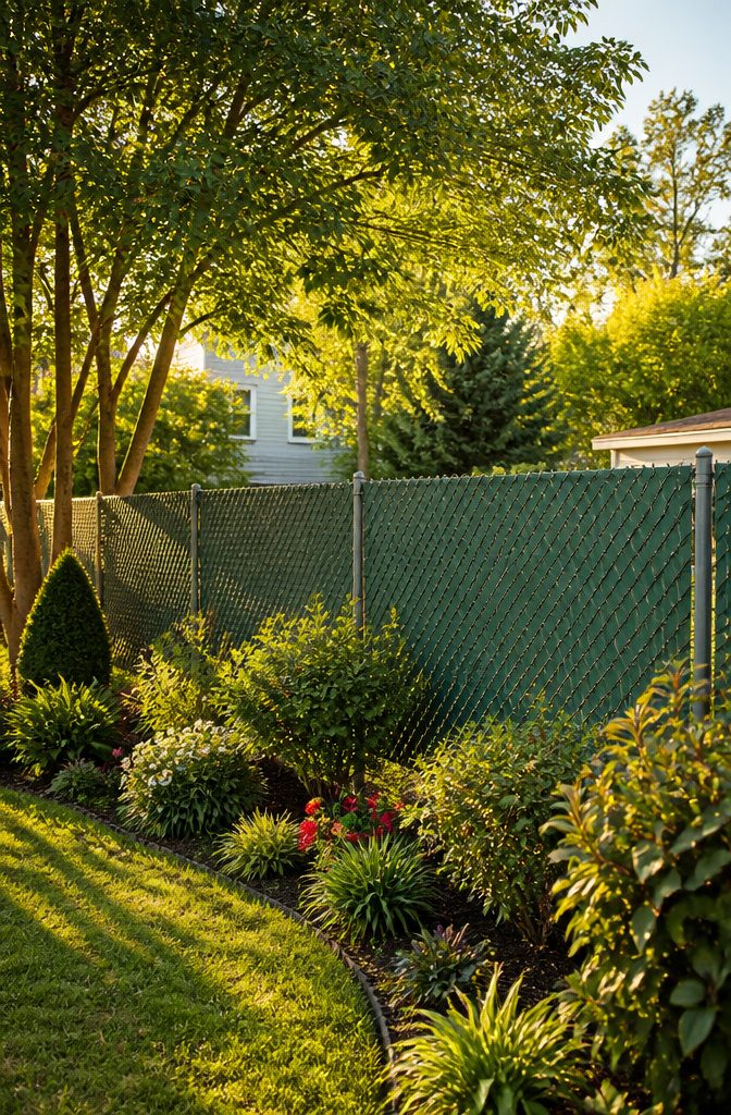 12 Types of Fences for Backyard Projects in 2026 11 Chain link fence with green privacy slats in a backyard.