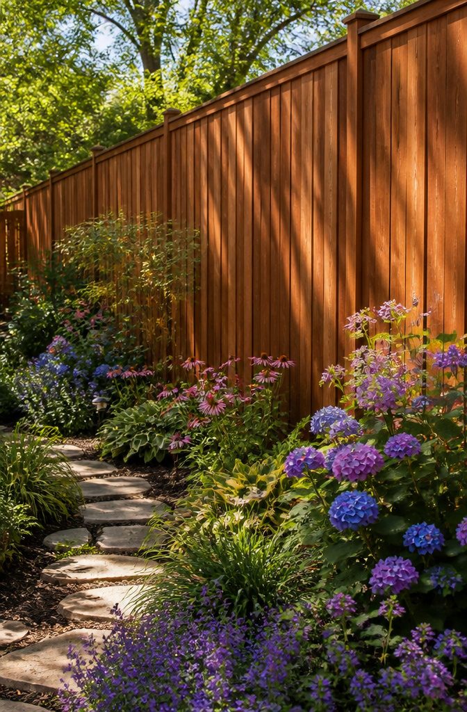 12 Types of Fences for Backyard Projects in 2026 12 Tall stockade fence made of vertical boards in a garden.