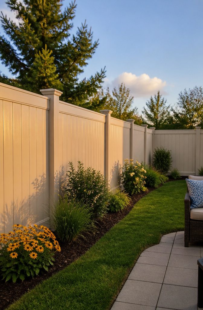 12 Types of Fences for Backyard Projects in 2026 2 Beige vinyl fence surrounding a well-maintained backyard.