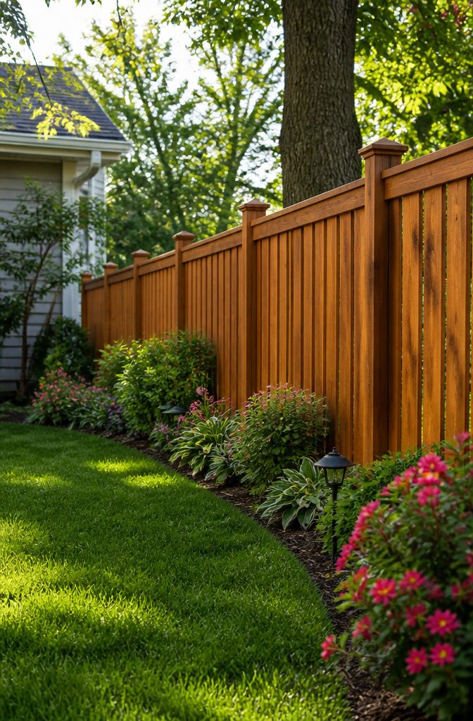 12 Types of Fences for Backyard Projects in 2026 1 Cedar wood fence with vertical slats in a lush backyard.