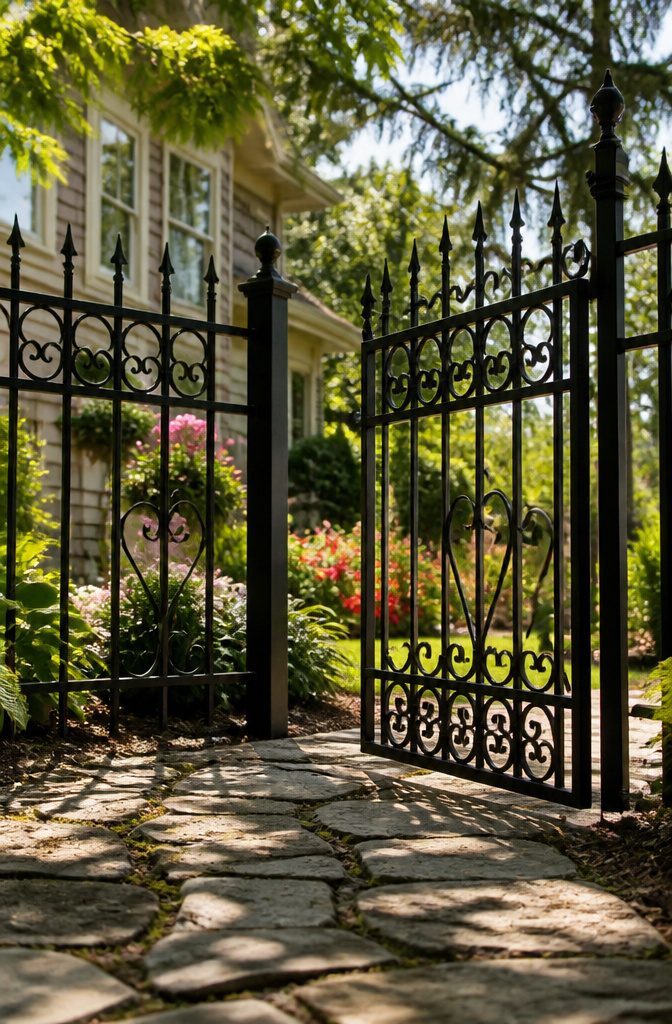 12 Types of Fences for Backyard Projects in 2026 6 Ornate wrought iron fence with decorative details in a garden.