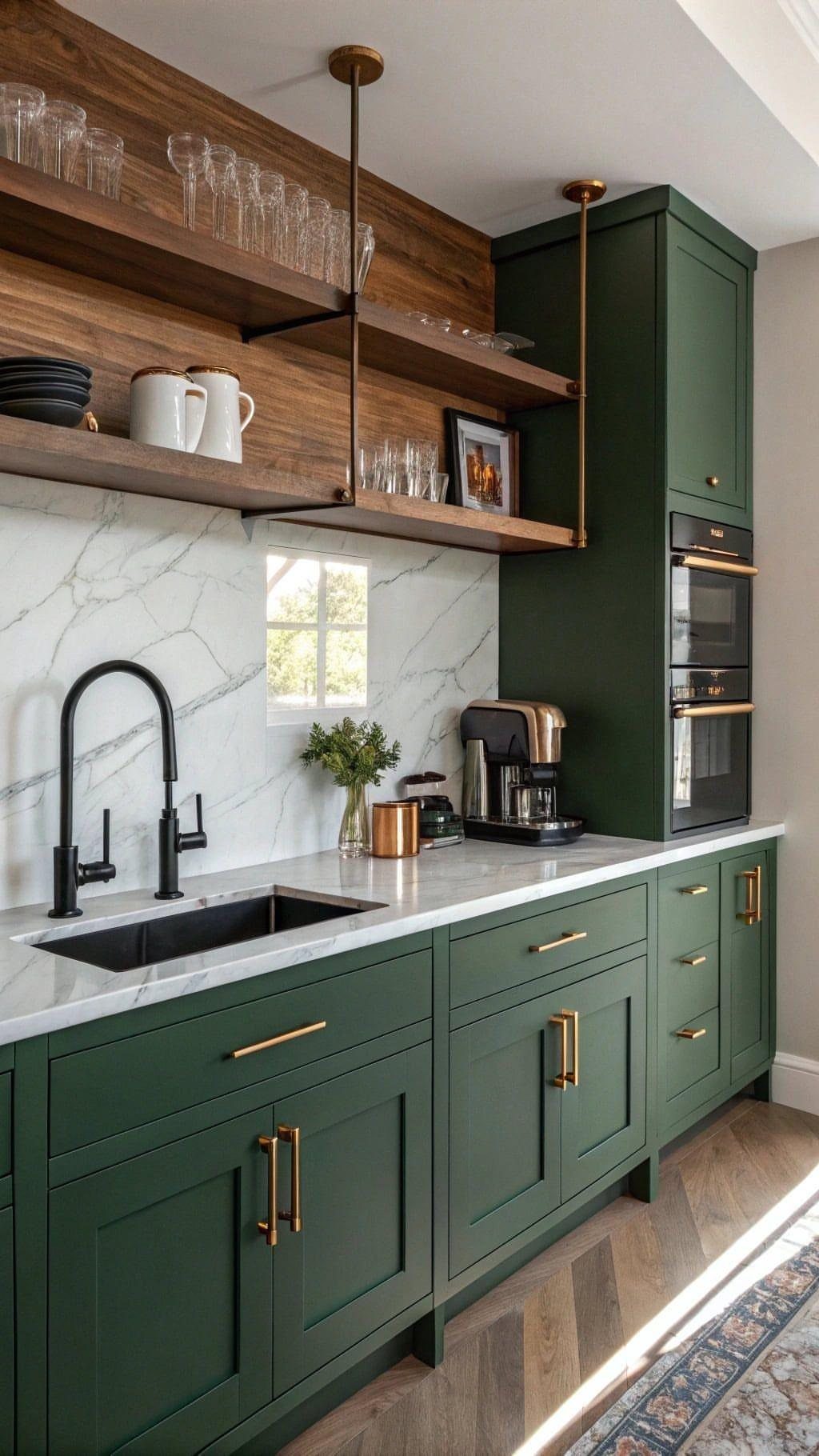 UK Kitchen Ideas Green: 21 Cabinet, Tile and Worktop Looks 12 Dark green shaker kitchen cabinets with gold hardware and white marble countertops.