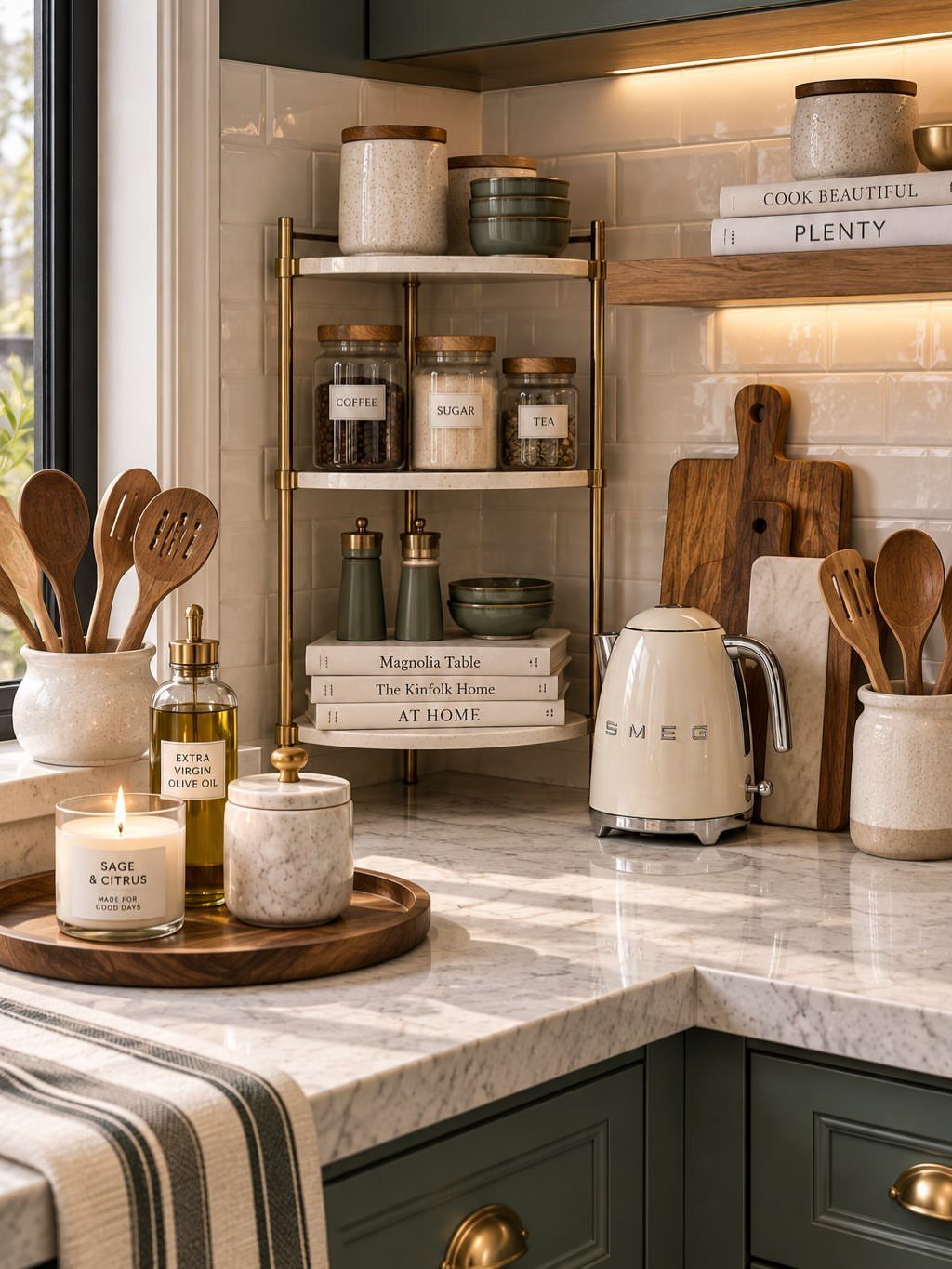 UK Kitchen Ideas Green: 21 Cabinet, Tile and Worktop Looks 5 Kitchen counter with dark green cabinets, white marble tops, and small green accent bowls.