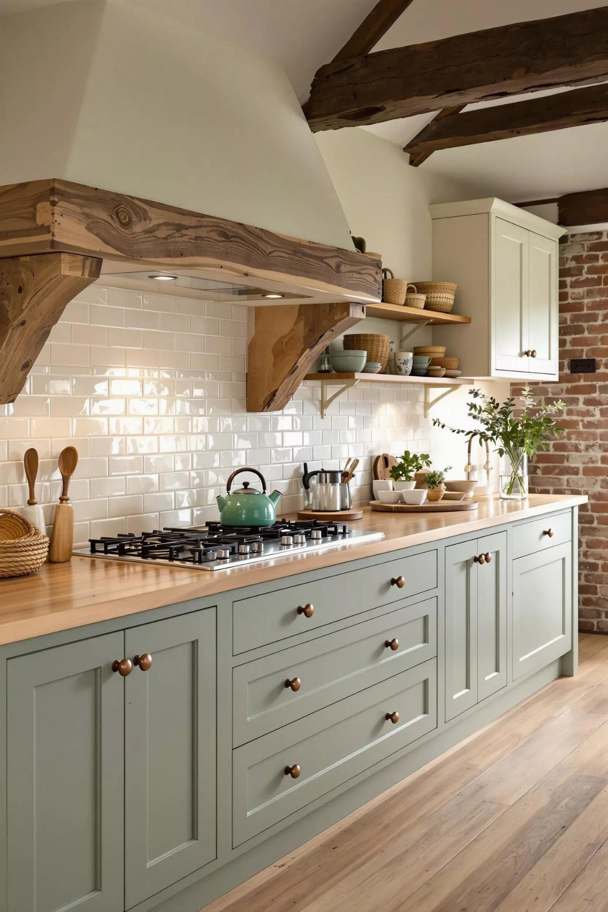 UK Kitchen Ideas Green: 21 Cabinet, Tile and Worktop Looks 17 Sage green kitchen cabinets with wooden countertops and a rustic wooden beam mantel.