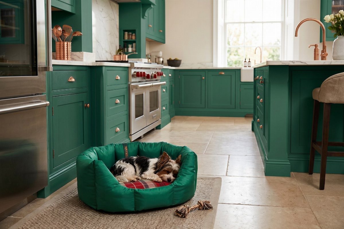 UK Kitchen Ideas Green: 21 Cabinet, Tile and Worktop Looks 7 Green kitchen cabinets and beige stone flooring with a dog in a bed.