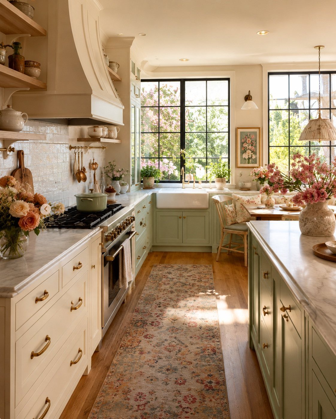 UK Kitchen Ideas Green: 21 Cabinet, Tile and Worktop Looks 15 Sage green and white kitchen with marble countertops and large black-framed windows.
