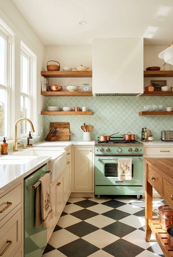 UK Kitchen Ideas Green: 21 Cabinet, Tile and Worktop Looks 21 Mint green stove and dishwasher in a bright kitchen with checkered flooring.