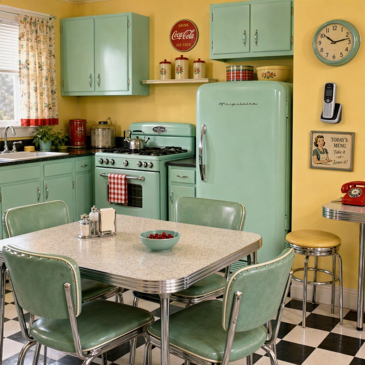 UK Kitchen Ideas Green: 21 Cabinet, Tile and Worktop Looks 9 Retro mint green kitchen with checkered floors, vintage appliances, and a small dining set.