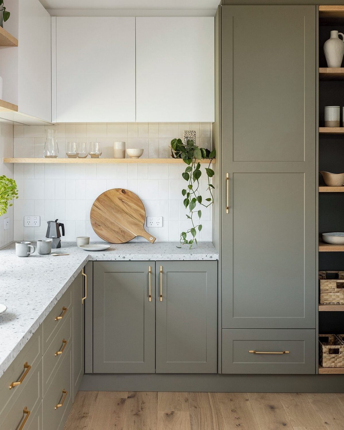 UK Kitchen Ideas Green: 21 Cabinet, Tile and Worktop Looks 6 Sage green and white two-tone kitchen cabinets with white tiled backsplash and wooden floors