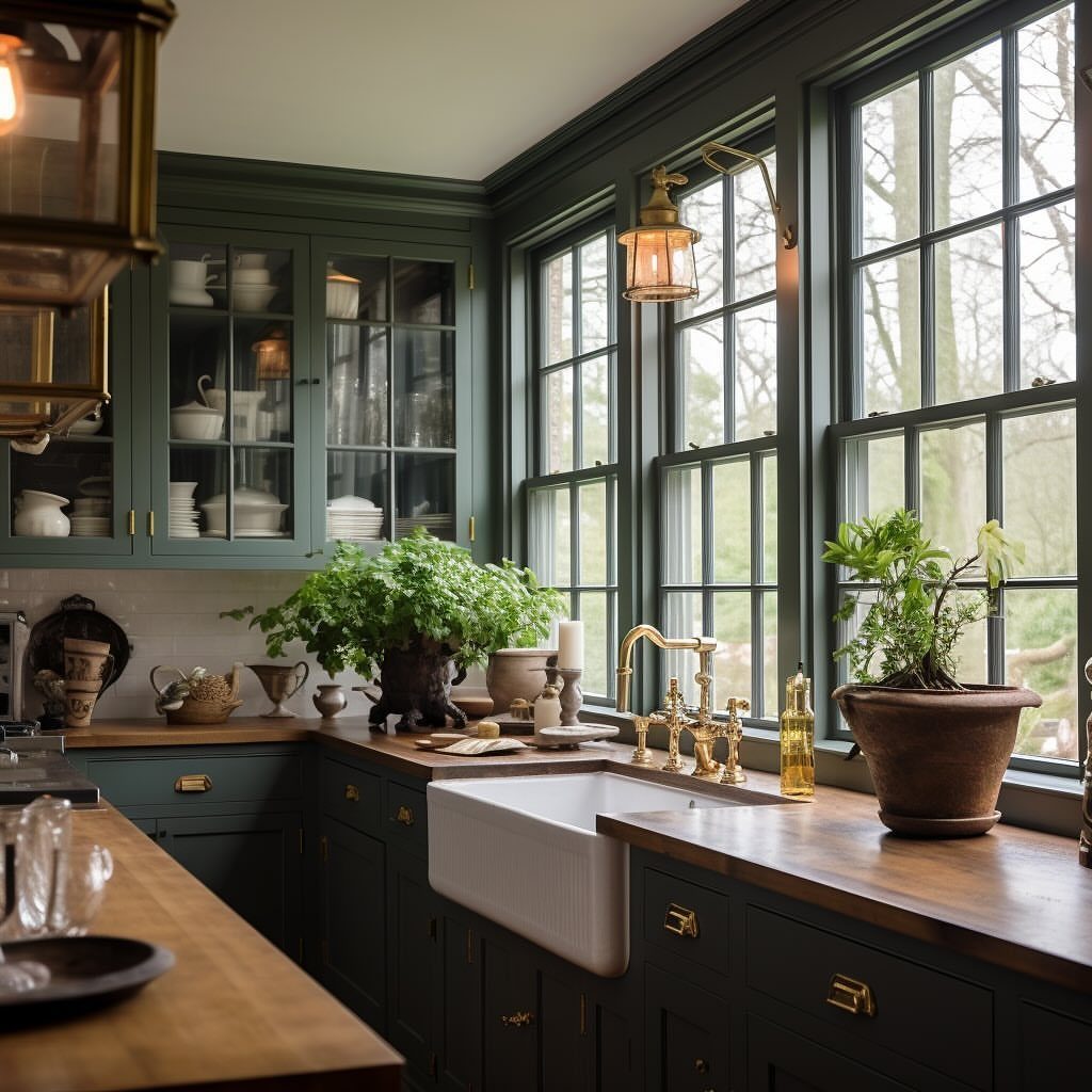 UK Kitchen Ideas Green: 21 Cabinet, Tile and Worktop Looks 11 Warm teak countertops in a kitchen with dark green cabinets and a white sink.