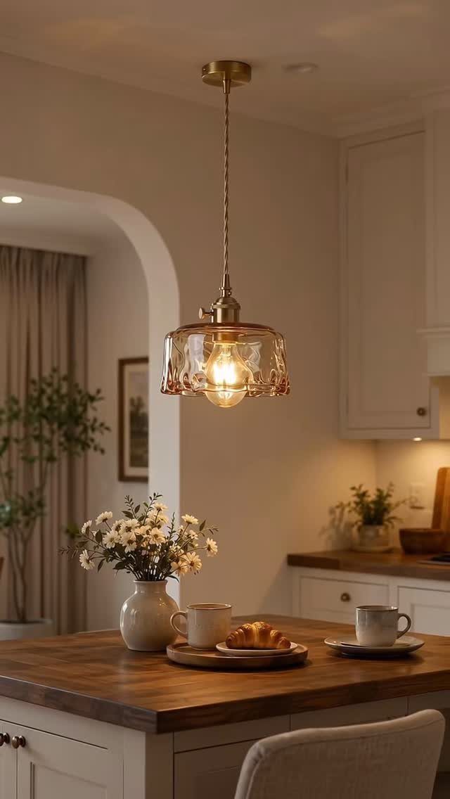 Vintage Kitchen Lighting Fixtures: 12 Pendant and Sconce Ideas 6 Brass pendant light with amber glass shade hanging over a wooden kitchen island