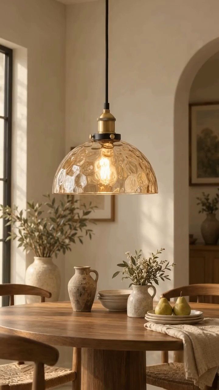 Vintage Kitchen Lighting Fixtures: 12 Pendant and Sconce Ideas 5 Amber glass dome pendant light hanging over a rustic wooden dining table.